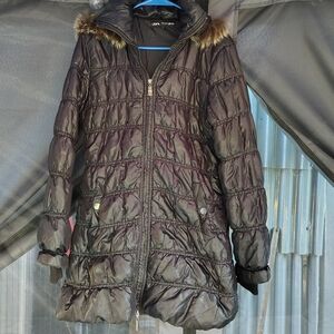 Black Puffer Jacket with Fur Trim and Quilted Design